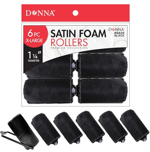DONNA Silky Satin Foam Rollers 1.25(D) 6PCS XL Hair Styling Heatless Curlers and Clips for Hairdressing BLACK