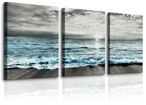MHARTK66 Playa Gris Azul Paisaje Amanecer Bandada de pájaros Cuadro en lienzo, Cuadros Decoracion Salon Modernos Mar Océano Decoracion Dormitorios Comedor Oficina Pasillo Cocina y Baño