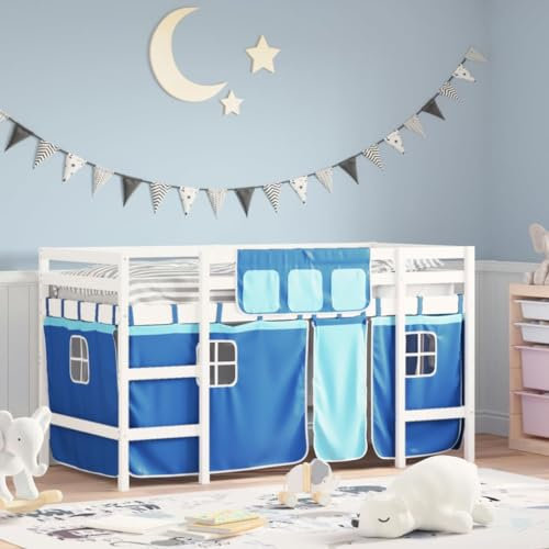 Gecheer Kinderbett,Hochbett Etagenbett Spielbett, Hausbett, Stockbett, Holzbett, Bettgestell,Jugendbett Kinderhochbett mit Vorhängen Blau 80x200 cm Massivholz Kiefer
