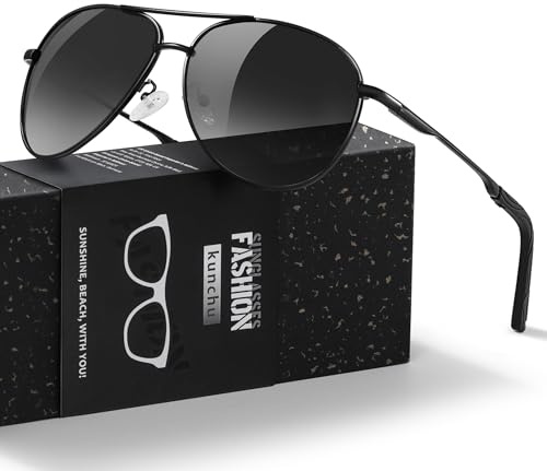 kunchu Pilot Sunglasses Mens Polarized Sunglasses Unisex UV400 Protection Black Sunglasses Driving, Fishing,Running Classic Ultra Light Shades Black