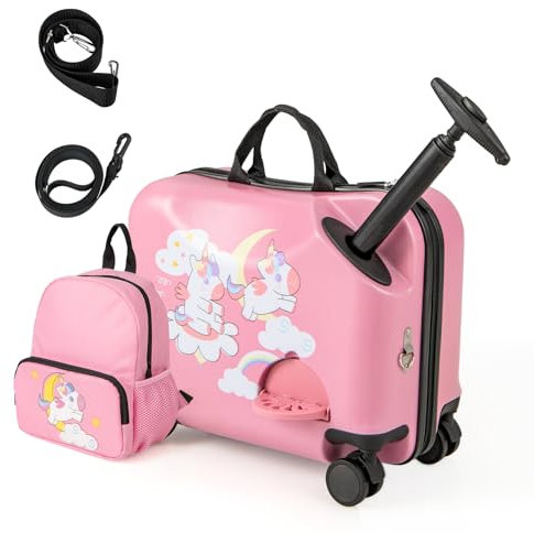 DREAMADE Kinderkoffer zum Draufsitzen, 2 TLG. Kinderkoffer mit Rucksack, Kindergepäck Trolley zum Reisen, Reisetrolley Kinder Trolley Set (Einhorn, 18 Zoll +12 Zoll)