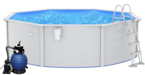 Willood Stahlwandpool Set Robuster Pool in Weiß mit winterfester Blauer Innenfolie mit Sandfilterpumpe und Leiter 460x120 cm
