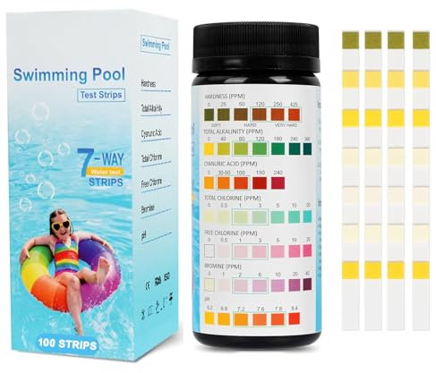 QYDMIN Strisce reattive per piscina, 7 in 1, per spa, 100 pezzi, tester PH e cloro, durezza dell'acqua, strisce reattive per pH, durezza totale dell'acqua, cloro totale, alcalinità, bromo acido