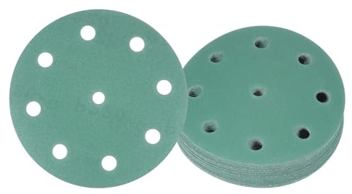Kozelo 25pcs Green Film Sanding Discs - [5 Inch 220 Grits 9 Hole ] Round Aluminum Oxide Hook & Loop Wet Dry Sander Pads for Wood Metal Polishing Use| Zirconium Corundum Sandpaper