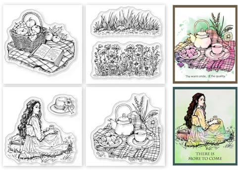 GLOBLELAND 4 Stück Transparente Mini Stempel Mit Camping Frau Für DIY Scrapbooking, Frühlings Picknick, Silikon Stempelsiegel, Transparente Stempel Für Karten, Fotoalbum, Tagebuch 2.2x2.2 Zoll