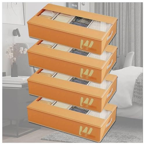 RYJYQYX Unterbett Aufbewahrung Faltbar mit 5 Verstellbaren Trennwänden, Unterbettkommode mit transparenter Deckel, Unterbett Aufbewahrungsbox Unterbett-Organizer Für Kinder Und Erwachsene,Orange-4Pcs