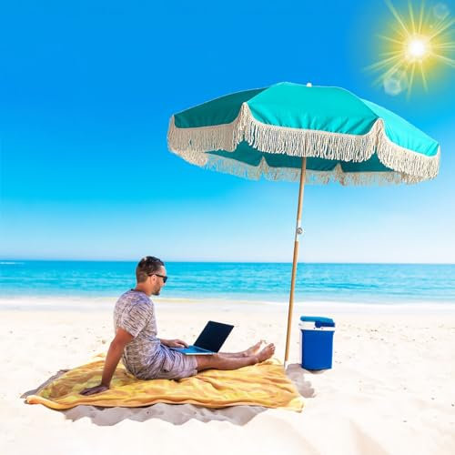 Parasol de plage Parapluie de terrasse bleu à franges et rayures roses pour protection contre le sable et les UV, 1,8 m, à pompons, inclinable, beige, table, parasol de piscine portable robuste avec