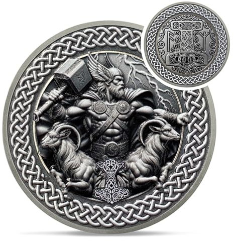 Viking Thor Hammer Coin - Viking Runes Mjolnir Coin Token - Tanngrisnir Tanngnjóstr Norse Mythology Protective Talisman Amulet Medallions - Powerful Viking Gifts for Men Women Kids