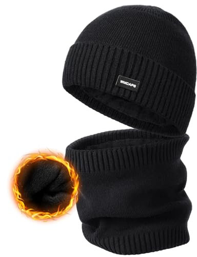 Wmcaps Winter Fleece Gefütterte Mütze und Halswärmer Set für Männer Frauen, Dicke Weiche Gemütliche Strickmützen Schal Set, Elastische Cuffed Plain Wintermütze Outdoor Aktivitäten Geschenk, Schwarz