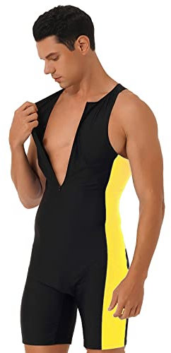 Costume da Bagno da Uomo, Costume Intero, Scollo Tondo, Senza Maniche, Pantaloncini Laterali, Body, Muta da Triathlon, for Spiaggia, Piscina, Nuoto(Black Yellow1,L)