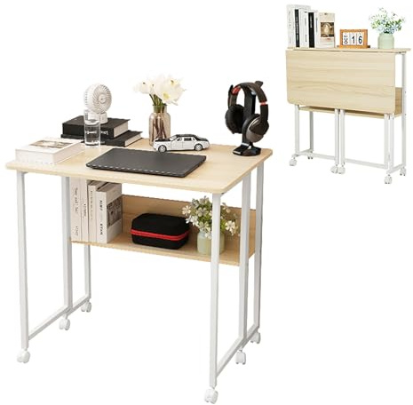 haiorjun Schreibtisch Klappbar mit Rollen, Kleiner Schreibtisch 80 cm Breit Computertisch Klein mit Regal, Mobiler Klappschreibtisch für Home Office Computer Desk 80 x 58 x 75cm(Ahorn Farbe)
