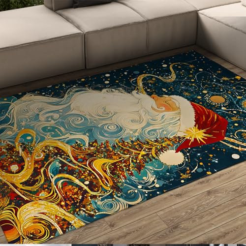 BYLEEHOMED Weihnachten Wohnzimmer Teppich 120x160cm Weihnachtsmann Roter Hut Boho Teppich für Sofa rutschfeste Blaue Nacht Weihnachten Willkommensmatte für Nachttisch