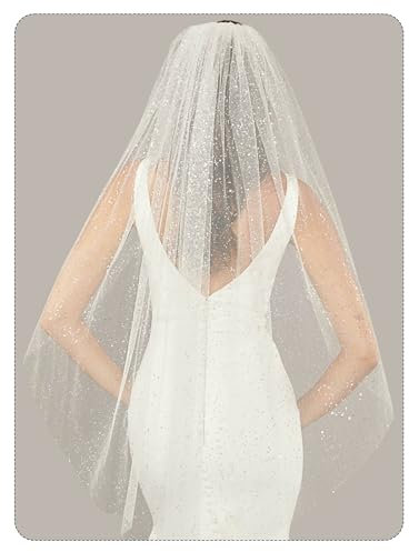 OXOLAMRIN Braut Tüll Schleier, Frauen Hochzeit Schleier, Weißer Glitzer, nschleier, glitzernd, for Junggesellinnenabschiede, Fingerspitze, lang, Sterne, Leichter Tüllschleier mit Metallkamm