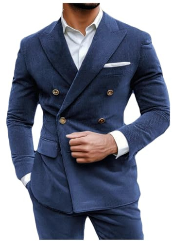 Stillluxury, blazer da uomo in corduroy, doppio petto, con visiera a bavero, slim fit, formale, sportivo, blu navy, XXL