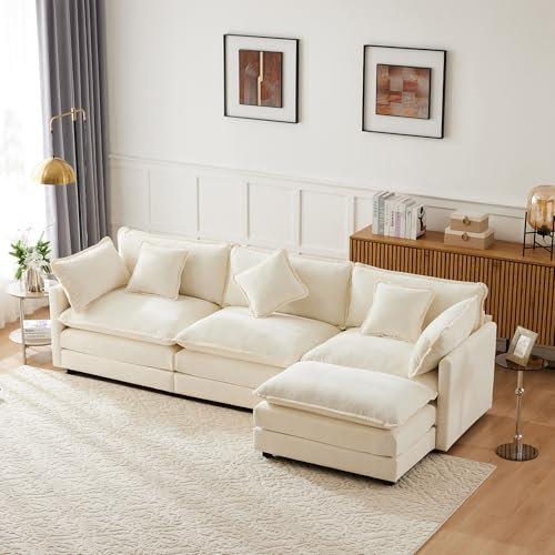 Ymkua Ecksofa Polstermöbel, Sofa mit Fußstütze, L-Form Couch, Eckcouch mit Bett-Funktion, Polstersofa, Dreisitzer-Sofa, Schlafsofa für Wohnzimmer, Chenille-Stoff, 283x147x84 cm (Beige)