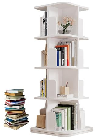 Drehbares Bücherregal, 360° drehbar, Bücherregal, bodenstehend, Aufbewahrungsregal, Holz-Eckregal, Organizer für kleine Räume, Schlafzimmer, Wohnzimmer (weiß, 4 Etagen, Höhe 129,8 cm)