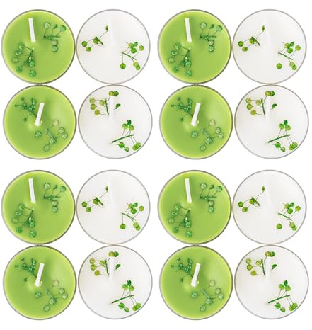 Sungmor Lot de 16 bougies chauffe-plat parfumées de qualité supérieure en cire de soja avec décoration de fleurs séchées, couleur blanche et verte avec quatre parfums, bougies florales pour la