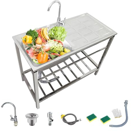 Ausgussbecken 304 Edelstahl-Becken Waschbecken Outdoor Garage Garten Küche Spüle Freistehend Mit Wasserhahn Und Ständer Außenbereich Handwaschbecken Waschtrog Für Wäsche/Bar Robust/Stabil(75x40xH75cm)