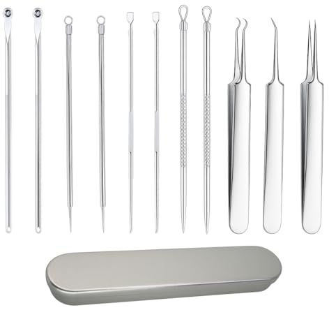 11PCS Blackhead Remover Tool Kit,Professional Stainless Steel Comedone Extractor and Ingrown Hair Tweezers Set for Face Pores – Spot Popping Kit and Pimple Popping Kit for Home or Salon Use