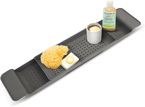 Einziehbares Badewannenbrett 55-78,5cm aus Kunststoff - Modernes Badezimmer-Tablett Weiß/Schwarz für Seifen Handtücher & Zubehör 17cm Breite 6,5cm Höhe (Schwarz)