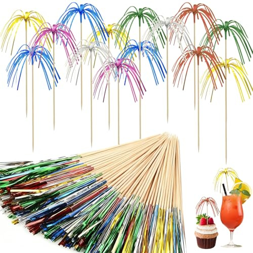 Tarqite 200 Stück Cocktail Feuerwerk Sticks, 23cm Bunt Cocktailspieße Lang, Cocktail Feuerwerk Deko, Farbe Cocktail Picks für Kuchen, Früchten, Obst, Snacks, Getränken, Party (Bunt)