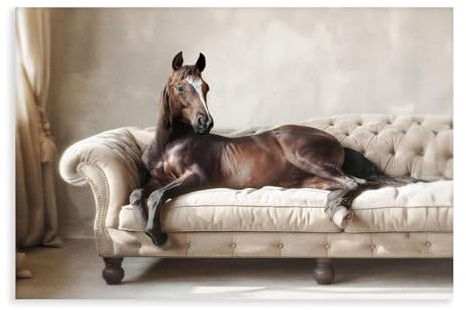 Poster mit Pferd auf Sofa, Leinwand, Wandkunst, Dekordruck, Bild Gemälde für Wohnzimmer, Schlafzimmer, Dekoration, 20 x 30 cm