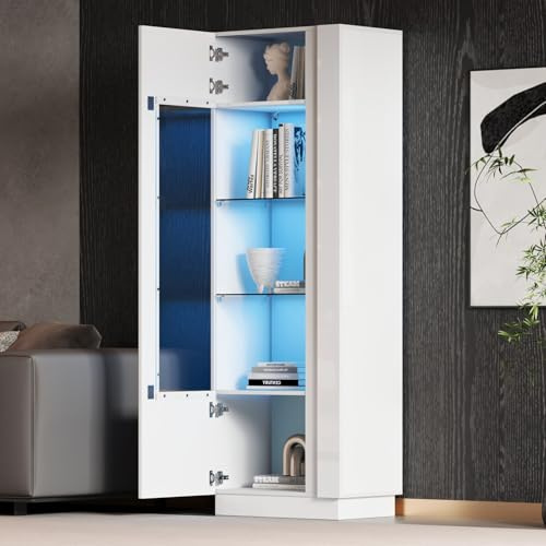 EURHCIO Buffet Salon Hauts 60x40x180cm,Vitrine Brillante,Meuble de Rangement,Meuble Cuisine avec éclairage LED Réglable,Étagères en Verre à 3 Niveaux,pour Salon (A-Blanc)