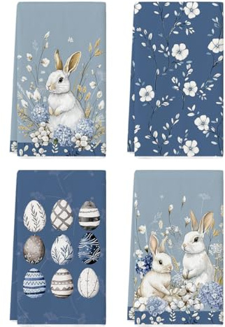 Artoid Mode Blau Kapok Hortensie Hasen Blätter Ostereier Ostern Küchentücher Geschirrtücher, 42x65 cm Schmetterling Dekor Polyester Handtücher 4er Set