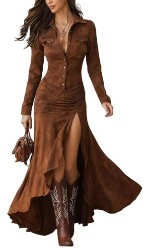Abiti da donna vintage western, abito in pelle scamosciata con scollo a V, abbottonatura e maniche lunghe, abito maxi western in pelle scamosciata per donne, Marrone, S
