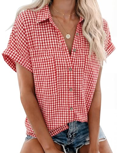 Rapbin Blusa para mujer, informal, manga corta, cuello en V, camisa de verano, con botones, elegante, blusa de algodón, parte superior con bolsillo