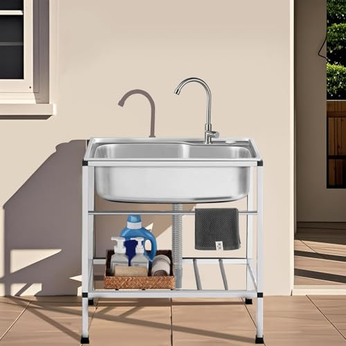 Lavello Cucina Autoportante, Lavandino in Acciaio Inox con Rubinetto Lavandino Commerciale Lavelli da Esterno Lavello di Utilità Lavabo Lavamani Industriale Garage Camper 68X44cm