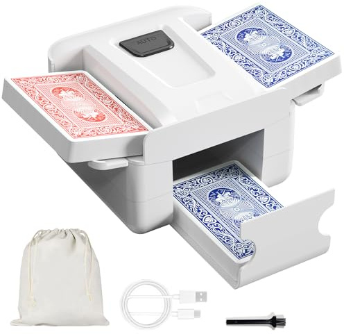 Elektrischer Kartenmischer, 2000mAh Wiederaufladbare Kartenmischmaschine | für 1–2 Kartendecks, Karten Mischgerät für Poker, Phase 10, Blackjack, Texas Hold’em Heimkartenspiele (Weiß)