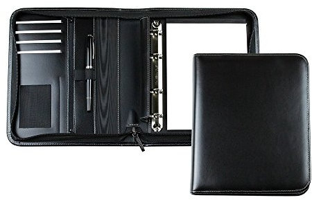 DELMON VARONE - Personalisierbare Ringbuch Schreibmappe DIN A5 aus Cambridge Top Grain Leder schwarz, Ringbuchmappe mit Notizblock, Stiftschlaufe, Einsteckfächer, 4-Ring Combimechanik & Reißverschluss
