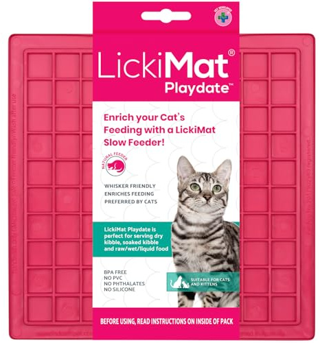 LICKIMAT Classic Playdate Cat Slow Feeders Lick Mat, Boredom Anxiety Reducer; Perfect for Food, Treats, Yogurt, or Peanut Butter. Fun Alternative to a Slow Feed Cat Bowl or Dish, Pink