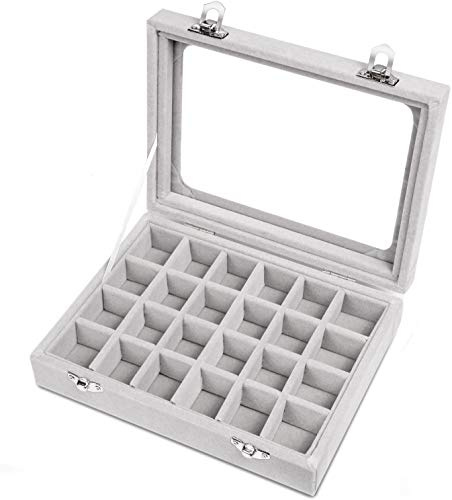 GOODGDN Samt 24 fächer Schmuckkasten，schmucklade Damen Schmuckkästchen mit Glasdeckel，Schmuckständer Aufbewahrungsbox für Ringe Ohrringe(Grau)