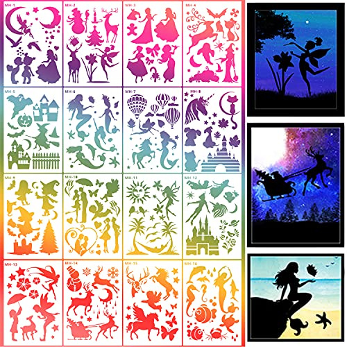 Schablonen Kinder Bastelarbeiten,16 Stück Wiederverwendbare Malen auf Holz Traum DIY Tierschablonen Handwerk Scrapbooking Tiermalerei Fantasy-Silhouette Kunstbedarf
