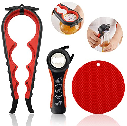 Jar Opener for Weak Hands, Seniors with Arthritis, 5 in 1 Multi Function Bottle Opener Lid Opener For Arthritic Hands with Non Slip Rubber Jar opener Gripper Pad(red)