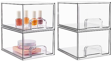 Vtopmart 4 Pack Stackable Storage Drawers, Acrylic Organiser with 32 Non-slip Mat, Aufbewahrung und Organisation for Dresser, Bathroom , Kosmetik , Küche,Vorratsschrank