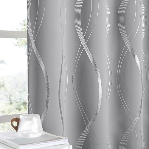 NICETOWN Blackout Curtains 63 inch Length 2 Panels, Silver Grey Window Treatment Thermal Insulated Soundproof Grommet Wave Line Foil Print Design Draperies for Living Room (52 inches Wide)