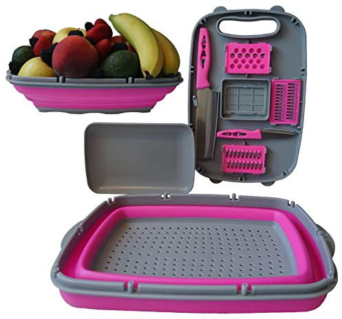 Cutting Board with Foldable Colander 10-in-1 Multipurpose Set Sturdy Compact Space-Saving Easy Cleaning Machine Washable Ideal for Kitchen Apartments Dorms Parks Picnics Beach Camping Travel RVs