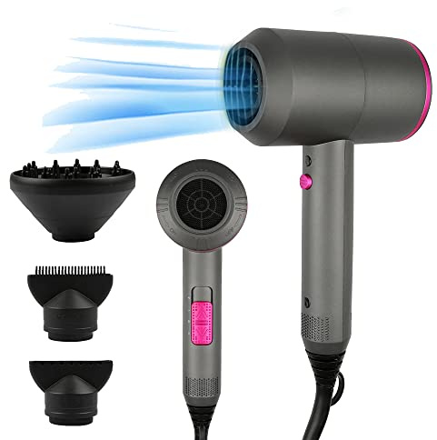 Dekuri Professional Ionic Hair Dryer Hairdryer Powerful AC Motor Quick Drying with 2 Speed 3 Heat Setting, Cool Shot Button with 1 Diffuser & 2 Concentrator for Women Man - Dark Grey