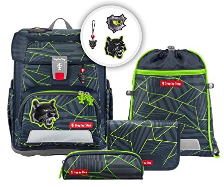 Step by Step Schulranzen-Set Cloud „Dark Cat Chiko“ 5-teilig, ergonomischer Tornister, höhenverstellbar mit Hüftgurt, für die Grundschule, ab der 1. Klasse, 19L, grau-grün-schwarz, Panther-Design