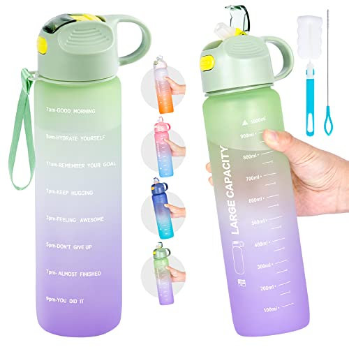 QCQHDU Trinkflasche 1L, aus Polyethylen, Sport-Wasserflasche mit Strohhalm & Zeitmacher, Wasserflasche mit Flaschenbürste und Filter, auslaufsicher, Radfahren, Büro und Schule (Grün)…