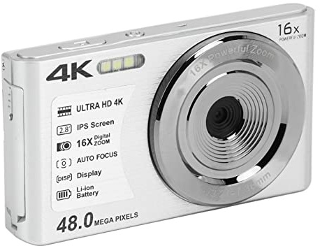 Digital Kamera, 4K-Digitalkamera, 16X Digital Zoom, 48MP 2,8-Zoll-Bildschirm, Eingebautes Füll Licht, Tragbare Kamera für Anfänger (Silber)