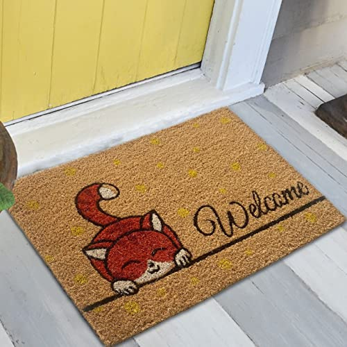 Teppich-Traum Kokos Fußmatte Katzenmotiv Welcome Bunt 45x75 cm | Rutschfest, robust, pflegeleicht, antibakteriell, feuchtigkeitsabweisend, nachhaltig, für Eingang, Terrasse & Balkon