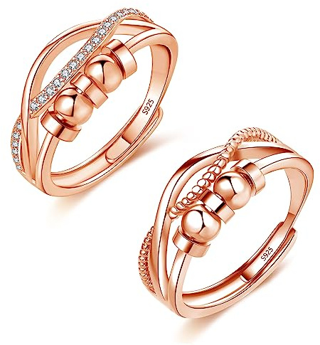 Loutade Silber Anxiety Rings, 2PCS 925 Sterling Silber Damen Angst Ringe Set, Offen Einstellbar Anti-Angst Dekompressionsringe, Unendlichkeit Spinner Fidget Ring mit Perlen, Zappelring Fidget Ringe