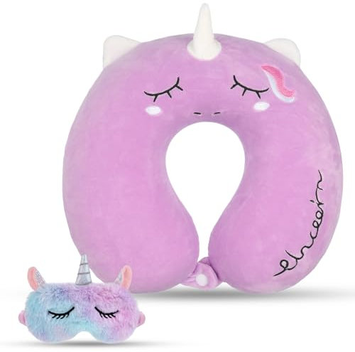 Utensilsto Cojín cervical de unicornio para niños, espuma de memoria, cojín de viaje, diseño de dibujos animados, con máscara de ojos de unicornio, 30 x 30 cm, cojín cervical para adultos, bonito