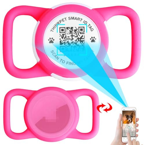 ThinkPet Dog Collar with QR Code Smart Pet ID Tag, Dual-Loop Tracker Holder with Smart QR Code, Waterproof Dustproof Silent Tag Holder Middle Rose Red