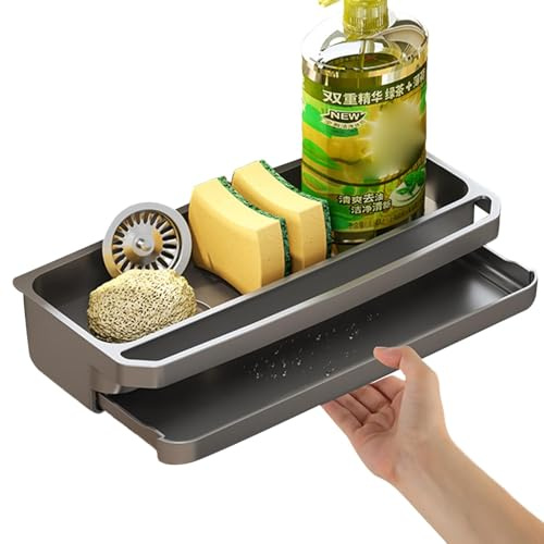 Scaffale per lavello – Contenitore per lavello da cucina in acciaio inox, grande contenitore per lavello da cucina, organizer antiscivolo per piatti, sapone e spugna