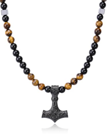 PiercingJak Wikinger Thors Hammer Halskette für Herren Perlenkette Tigerauge Obsidian Kette mit Thor Mjölnir Anhänger Keltischer Knoten Nordische Talisman Schmuck Amulett Geschenk für Männer